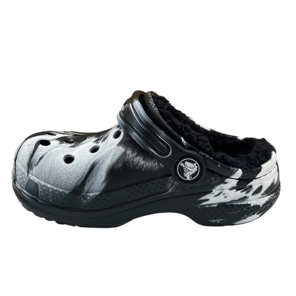 Crocs Toddler Boys Lined Clog Size 9 Black White Marbled Slip-on Cozy Warm Shoes